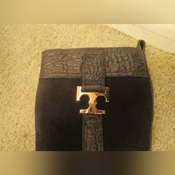 HOT Tory Burch Corey Brown Logo Suede & Textured Leather Mid-calf Boots $500+! - Picture 6 of 12